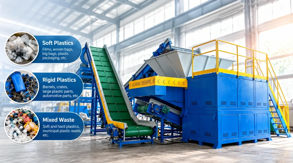 Single-shaft plastic shredder with conveyor, for soft plastics, rigid plastics and mixed waste