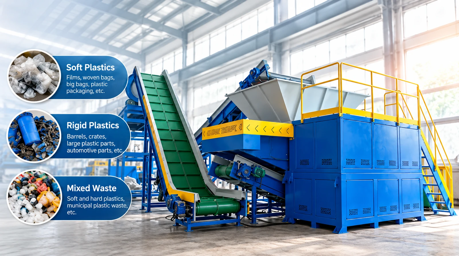Single-shaft plastic shredder with conveyor, for soft plastics, rigid plastics and mixed waste