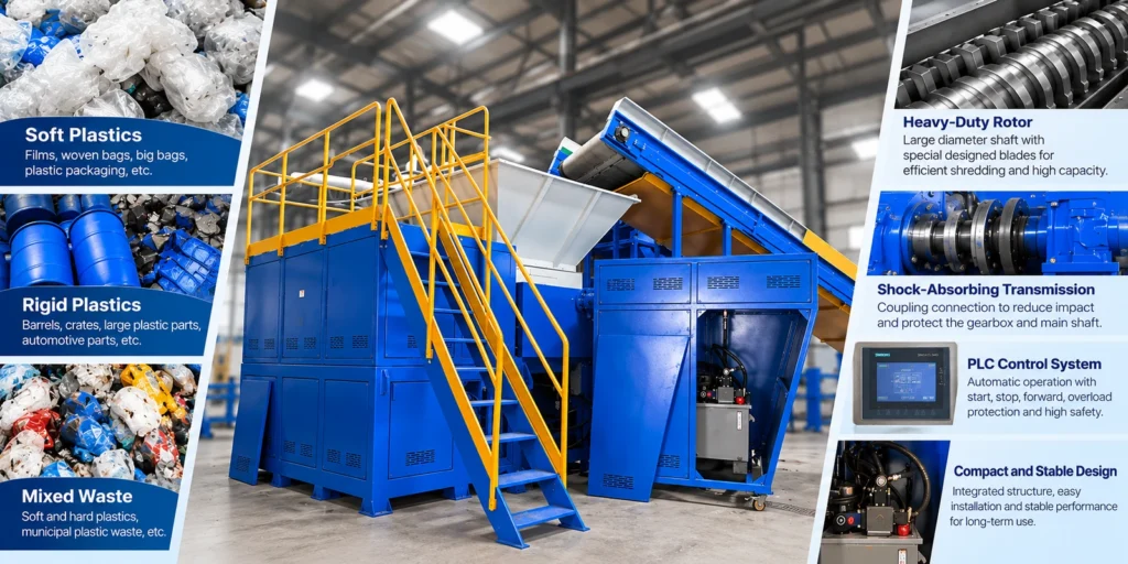 Plastic shredder features: heavy-duty rotor, shock-absorbing transmission, PLC control, compact design