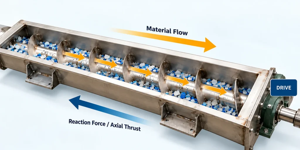 Screw conveyor with plastic flakes showing material flow and the reaction force on the screw shaft